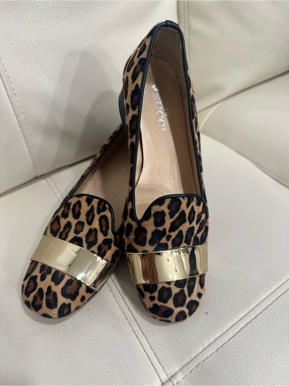 Sesto Meucci Loafer Pump Low Block Heel Calf Hair Animal Print Size 5.5 Italy